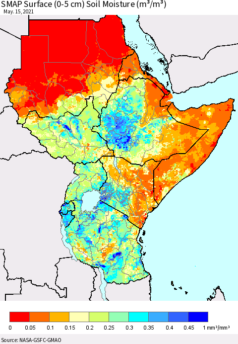 Eastern Africa SMAP Surface (0-5 cm) Soil Moisture (m³/m³) Thematic Map For 5/11/2021 - 5/15/2021