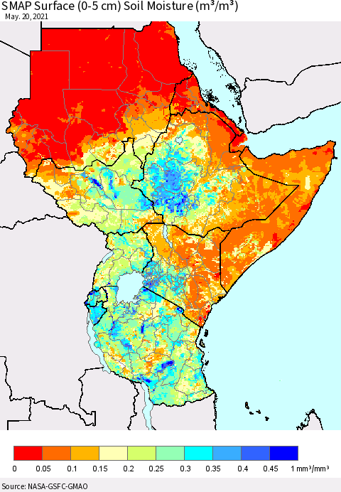Eastern Africa SMAP Surface (0-5 cm) Soil Moisture (m³/m³) Thematic Map For 5/16/2021 - 5/20/2021