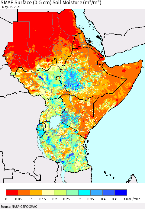 Eastern Africa SMAP Surface (0-5 cm) Soil Moisture (m³/m³) Thematic Map For 5/21/2021 - 5/25/2021