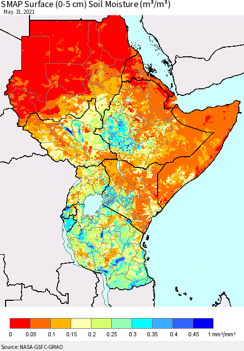 Eastern Africa SMAP Surface (0-5 cm) Soil Moisture (m³/m³) Thematic Map For 5/26/2021 - 5/31/2021