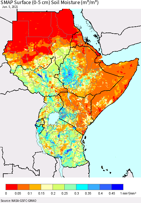 Eastern Africa SMAP Surface (0-5 cm) Soil Moisture (m³/m³) Thematic Map For 6/1/2021 - 6/5/2021