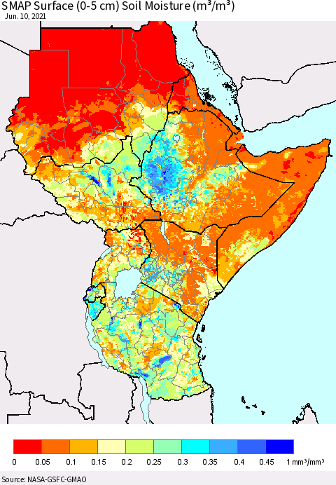 Eastern Africa SMAP Surface (0-5 cm) Soil Moisture (m³/m³) Thematic Map For 6/6/2021 - 6/10/2021