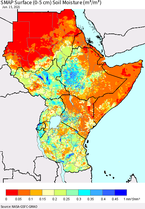 Eastern Africa SMAP Surface (0-5 cm) Soil Moisture (m³/m³) Thematic Map For 6/11/2021 - 6/15/2021