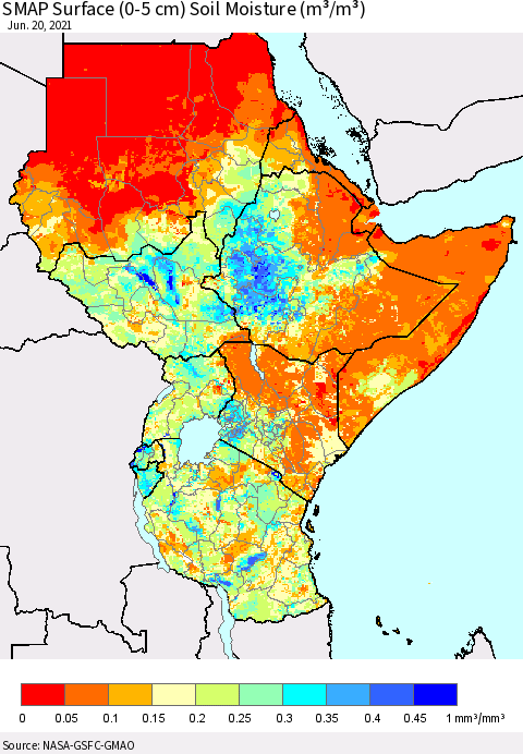 Eastern Africa SMAP Surface (0-5 cm) Soil Moisture (m³/m³) Thematic Map For 6/16/2021 - 6/20/2021