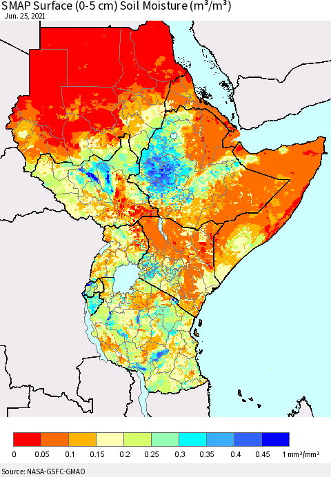 Eastern Africa SMAP Surface (0-5 cm) Soil Moisture (m³/m³) Thematic Map For 6/21/2021 - 6/25/2021