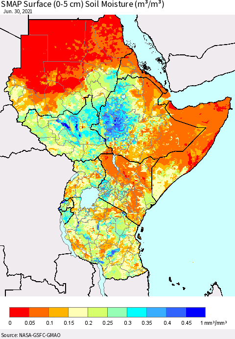 Eastern Africa SMAP Surface (0-5 cm) Soil Moisture (m³/m³) Thematic Map For 6/26/2021 - 6/30/2021