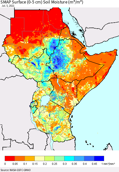 Eastern Africa SMAP Surface (0-5 cm) Soil Moisture (m³/m³) Thematic Map For 7/1/2021 - 7/5/2021