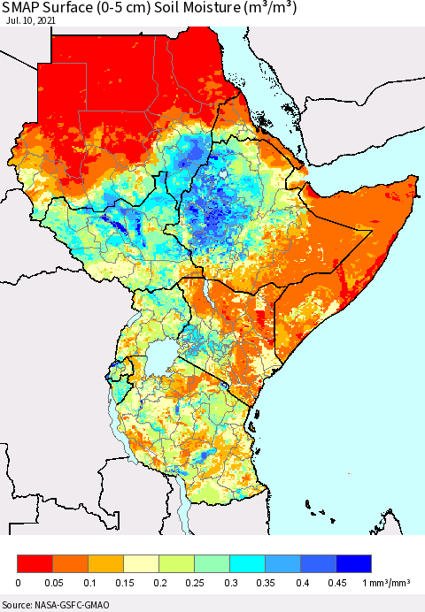Eastern Africa SMAP Surface (0-5 cm) Soil Moisture (m³/m³) Thematic Map For 7/6/2021 - 7/10/2021