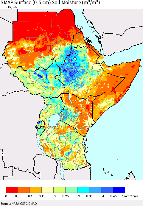 Eastern Africa SMAP Surface (0-5 cm) Soil Moisture (m³/m³) Thematic Map For 7/11/2021 - 7/15/2021