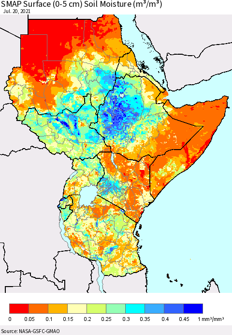 Eastern Africa SMAP Surface (0-5 cm) Soil Moisture (m³/m³) Thematic Map For 7/16/2021 - 7/20/2021