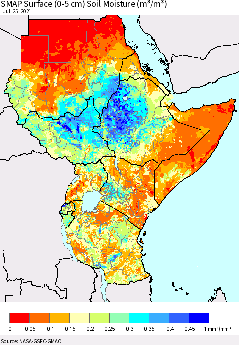 Eastern Africa SMAP Surface (0-5 cm) Soil Moisture (m³/m³) Thematic Map For 7/21/2021 - 7/25/2021