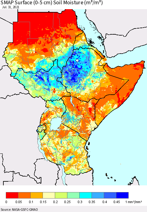 Eastern Africa SMAP Surface (0-5 cm) Soil Moisture (m³/m³) Thematic Map For 7/26/2021 - 7/31/2021