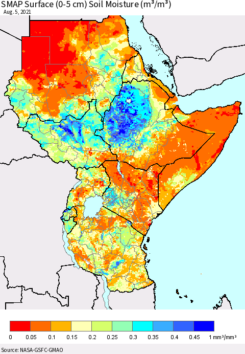 Eastern Africa SMAP Surface (0-5 cm) Soil Moisture (m³/m³) Thematic Map For 8/1/2021 - 8/5/2021