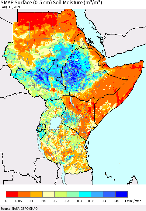 Eastern Africa SMAP Surface (0-5 cm) Soil Moisture (m³/m³) Thematic Map For 8/6/2021 - 8/10/2021