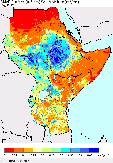 Eastern Africa SMAP Surface (0-5 cm) Soil Moisture (m³/m³) Thematic Map For 8/11/2021 - 8/15/2021