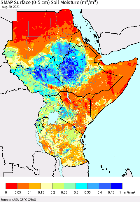 Eastern Africa SMAP Surface (0-5 cm) Soil Moisture (m³/m³) Thematic Map For 8/16/2021 - 8/20/2021