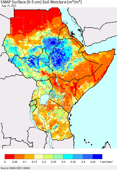 Eastern Africa SMAP Surface (0-5 cm) Soil Moisture (m³/m³) Thematic Map For 8/21/2021 - 8/25/2021