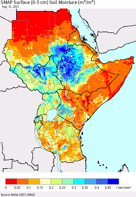 Eastern Africa SMAP Surface (0-5 cm) Soil Moisture (m³/m³) Thematic Map For 8/26/2021 - 8/31/2021
