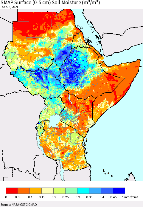 Eastern Africa SMAP Surface (0-5 cm) Soil Moisture (m³/m³) Thematic Map For 9/1/2021 - 9/5/2021