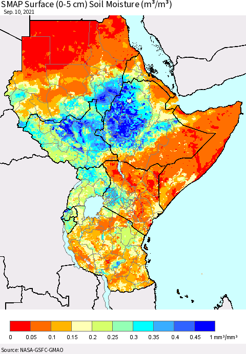 Eastern Africa SMAP Surface (0-5 cm) Soil Moisture (m³/m³) Thematic Map For 9/6/2021 - 9/10/2021