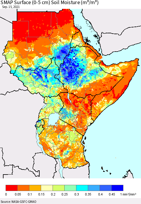 Eastern Africa SMAP Surface (0-5 cm) Soil Moisture (m³/m³) Thematic Map For 9/11/2021 - 9/15/2021