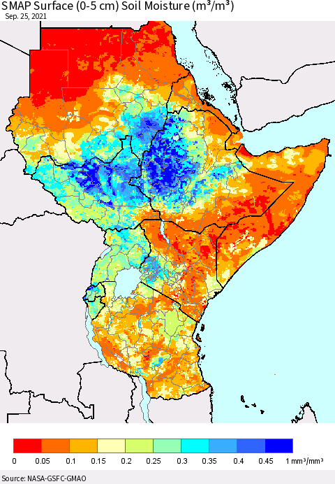 Eastern Africa SMAP Surface (0-5 cm) Soil Moisture (m³/m³) Thematic Map For 9/21/2021 - 9/25/2021