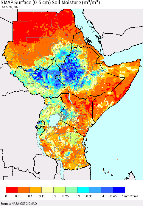Eastern Africa SMAP Surface (0-5 cm) Soil Moisture (m³/m³) Thematic Map For 9/26/2021 - 9/30/2021