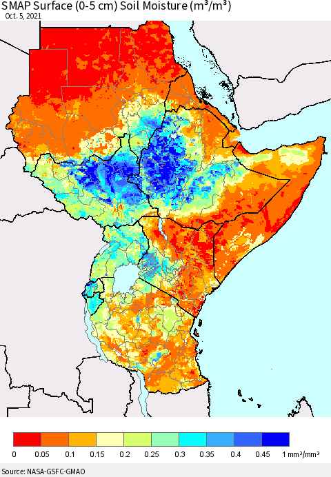 Eastern Africa SMAP Surface (0-5 cm) Soil Moisture (m³/m³) Thematic Map For 10/1/2021 - 10/5/2021