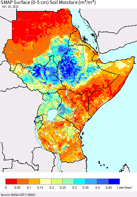 Eastern Africa SMAP Surface (0-5 cm) Soil Moisture (m³/m³) Thematic Map For 10/6/2021 - 10/10/2021