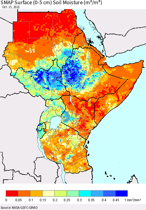 Eastern Africa SMAP Surface (0-5 cm) Soil Moisture (m³/m³) Thematic Map For 10/11/2021 - 10/15/2021