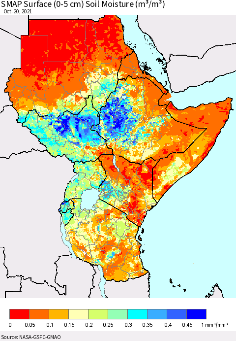 Eastern Africa SMAP Surface (0-5 cm) Soil Moisture (m³/m³) Thematic Map For 10/16/2021 - 10/20/2021