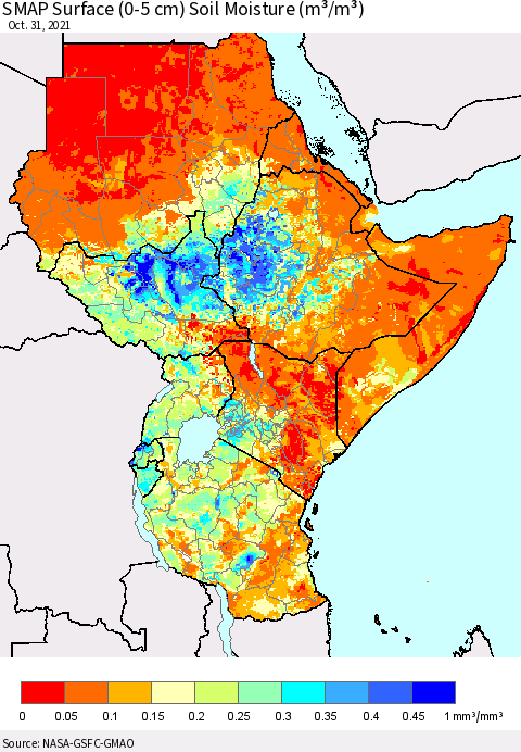 Eastern Africa SMAP Surface (0-5 cm) Soil Moisture (m³/m³) Thematic Map For 10/26/2021 - 10/31/2021