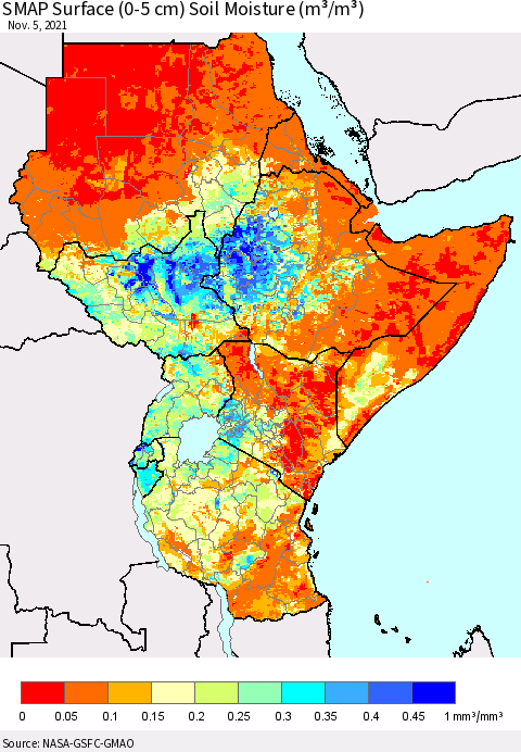 Eastern Africa SMAP Surface (0-5 cm) Soil Moisture (m³/m³) Thematic Map For 11/1/2021 - 11/5/2021