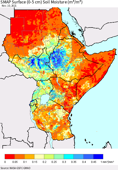 Eastern Africa SMAP Surface (0-5 cm) Soil Moisture (m³/m³) Thematic Map For 11/6/2021 - 11/10/2021