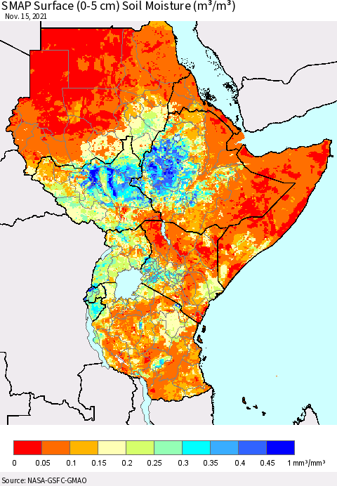 Eastern Africa SMAP Surface (0-5 cm) Soil Moisture (m³/m³) Thematic Map For 11/11/2021 - 11/15/2021