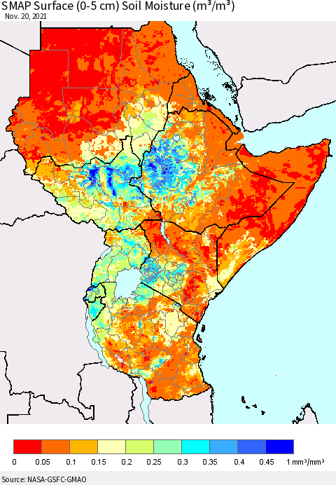 Eastern Africa SMAP Surface (0-5 cm) Soil Moisture (m³/m³) Thematic Map For 11/16/2021 - 11/20/2021
