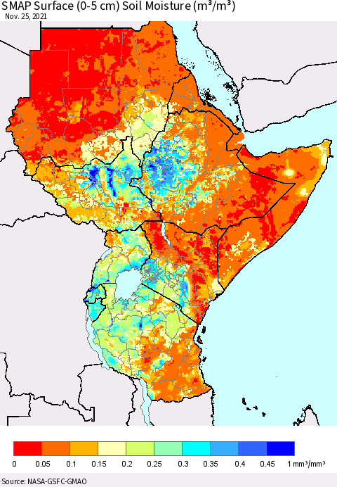 Eastern Africa SMAP Surface (0-5 cm) Soil Moisture (m³/m³) Thematic Map For 11/21/2021 - 11/25/2021