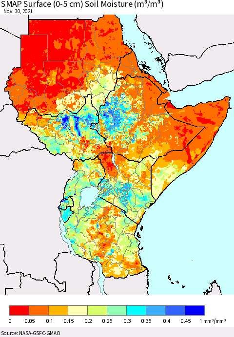 Eastern Africa SMAP Surface (0-5 cm) Soil Moisture (m³/m³) Thematic Map For 11/26/2021 - 11/30/2021