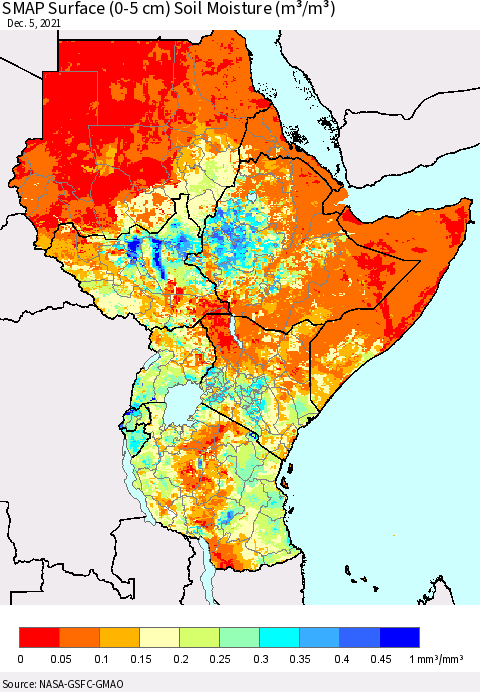 Eastern Africa SMAP Surface (0-5 cm) Soil Moisture (m³/m³) Thematic Map For 12/1/2021 - 12/5/2021