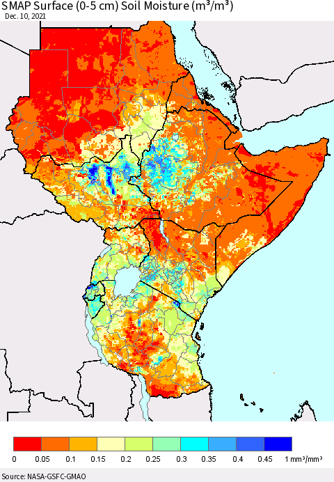 Eastern Africa SMAP Surface (0-5 cm) Soil Moisture (m³/m³) Thematic Map For 12/6/2021 - 12/10/2021