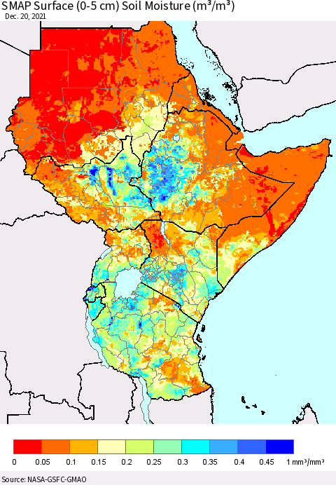 Eastern Africa SMAP Surface (0-5 cm) Soil Moisture (m³/m³) Thematic Map For 12/16/2021 - 12/20/2021