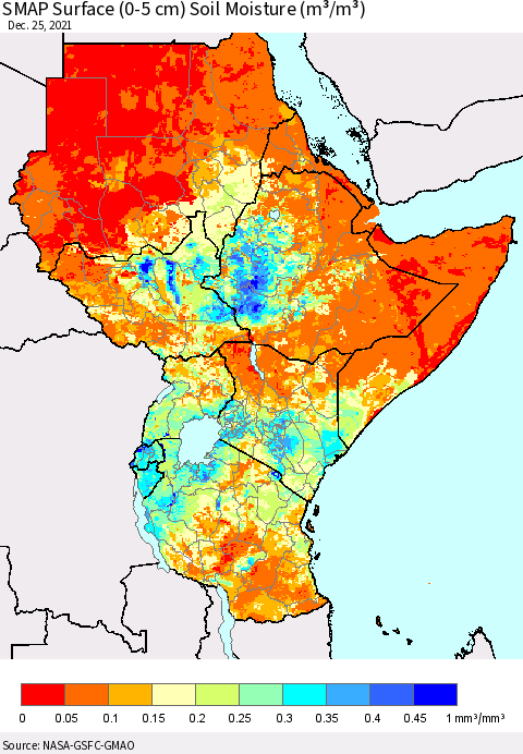 Eastern Africa SMAP Surface (0-5 cm) Soil Moisture (m³/m³) Thematic Map For 12/21/2021 - 12/25/2021