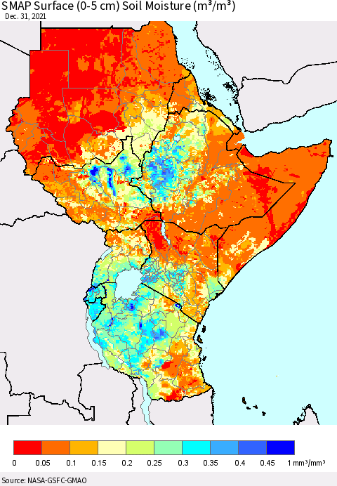 Eastern Africa SMAP Surface (0-5 cm) Soil Moisture (m³/m³) Thematic Map For 12/26/2021 - 12/31/2021