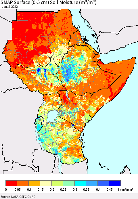 Eastern Africa SMAP Surface (0-5 cm) Soil Moisture (m³/m³) Thematic Map For 1/1/2022 - 1/5/2022