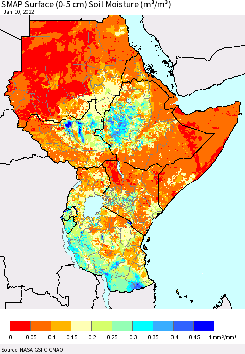 Eastern Africa SMAP Surface (0-5 cm) Soil Moisture (m³/m³) Thematic Map For 1/6/2022 - 1/10/2022