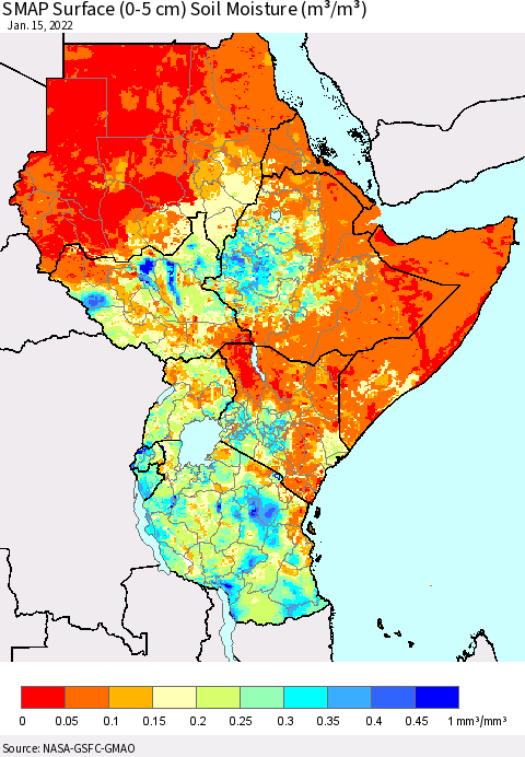 Eastern Africa SMAP Surface (0-5 cm) Soil Moisture (m³/m³) Thematic Map For 1/11/2022 - 1/15/2022