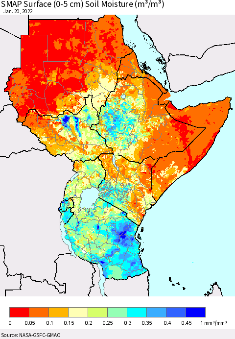 Eastern Africa SMAP Surface (0-5 cm) Soil Moisture (m³/m³) Thematic Map For 1/16/2022 - 1/20/2022
