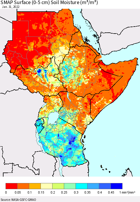 Eastern Africa SMAP Surface (0-5 cm) Soil Moisture (m³/m³) Thematic Map For 1/26/2022 - 1/31/2022