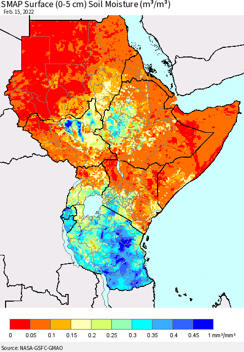 Eastern Africa SMAP Surface (0-5 cm) Soil Moisture (m³/m³) Thematic Map For 2/11/2022 - 2/15/2022
