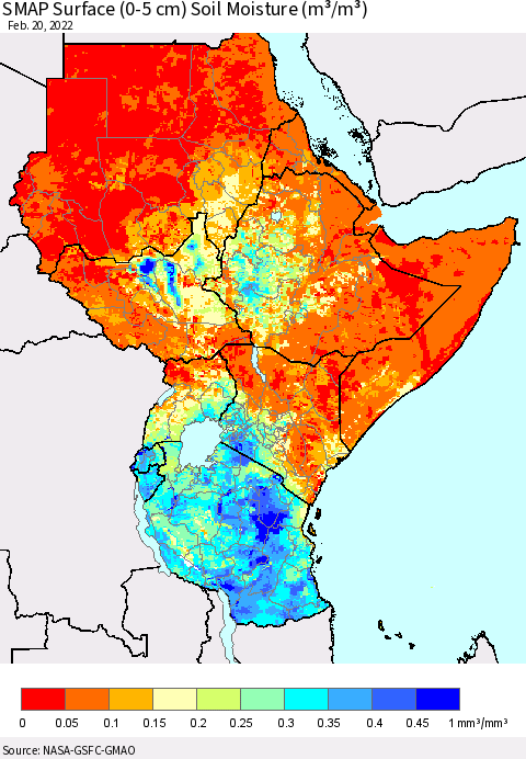 Eastern Africa SMAP Surface (0-5 cm) Soil Moisture (m³/m³) Thematic Map For 2/16/2022 - 2/20/2022